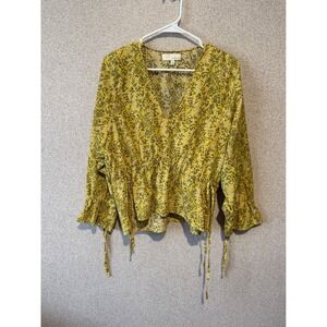 PINCH Womens Yellow Floral Print V Neck Cinched Waist Long Sleeve Blouse‎ Size M